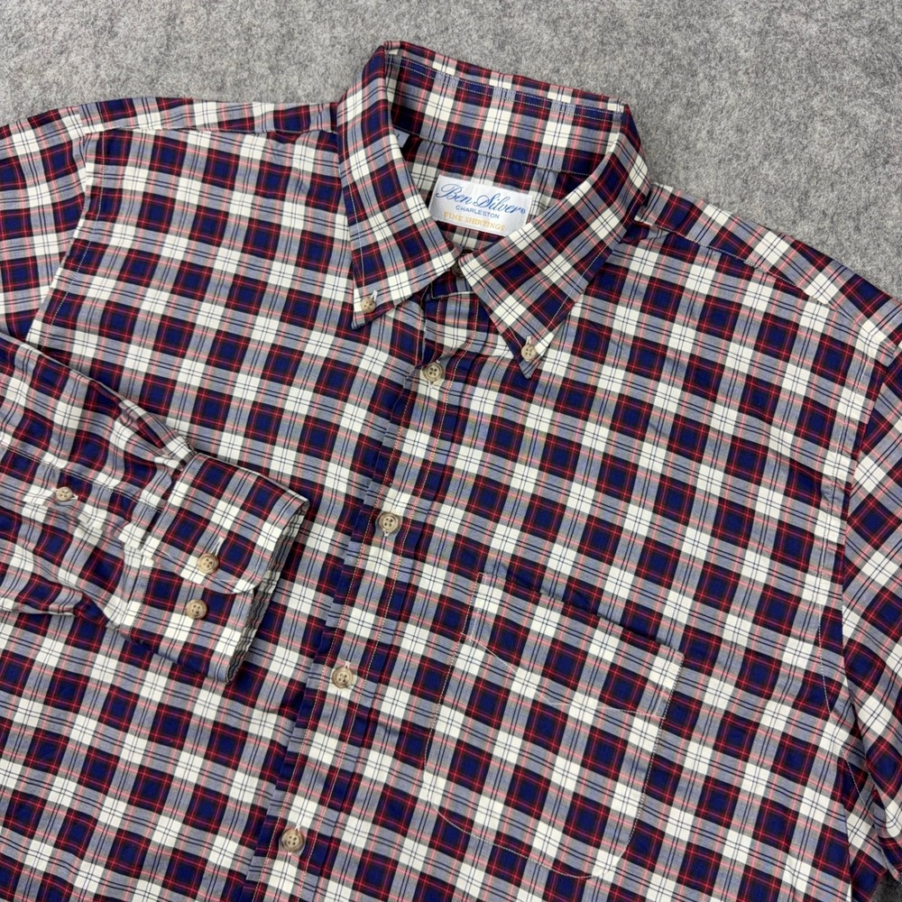 Ben Silver Charleston Shirt Mens Large Navy Red Plaid Button Down USA Preppy